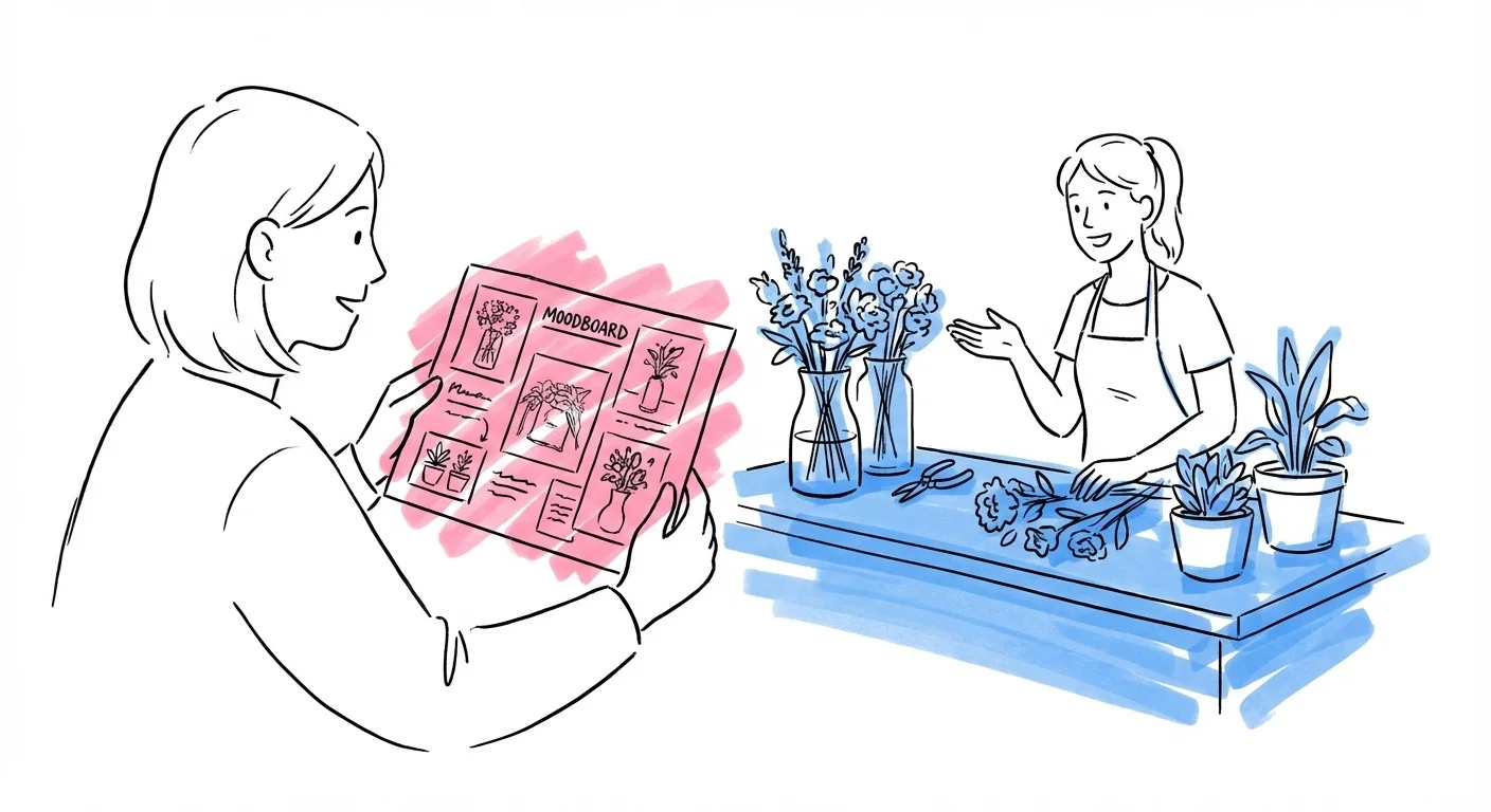 Par visar moodboard för florist inför offert
