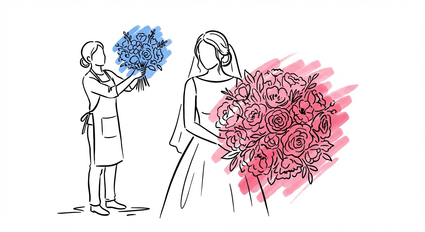 Brud med bukett pratar med florist om blomsterbudget