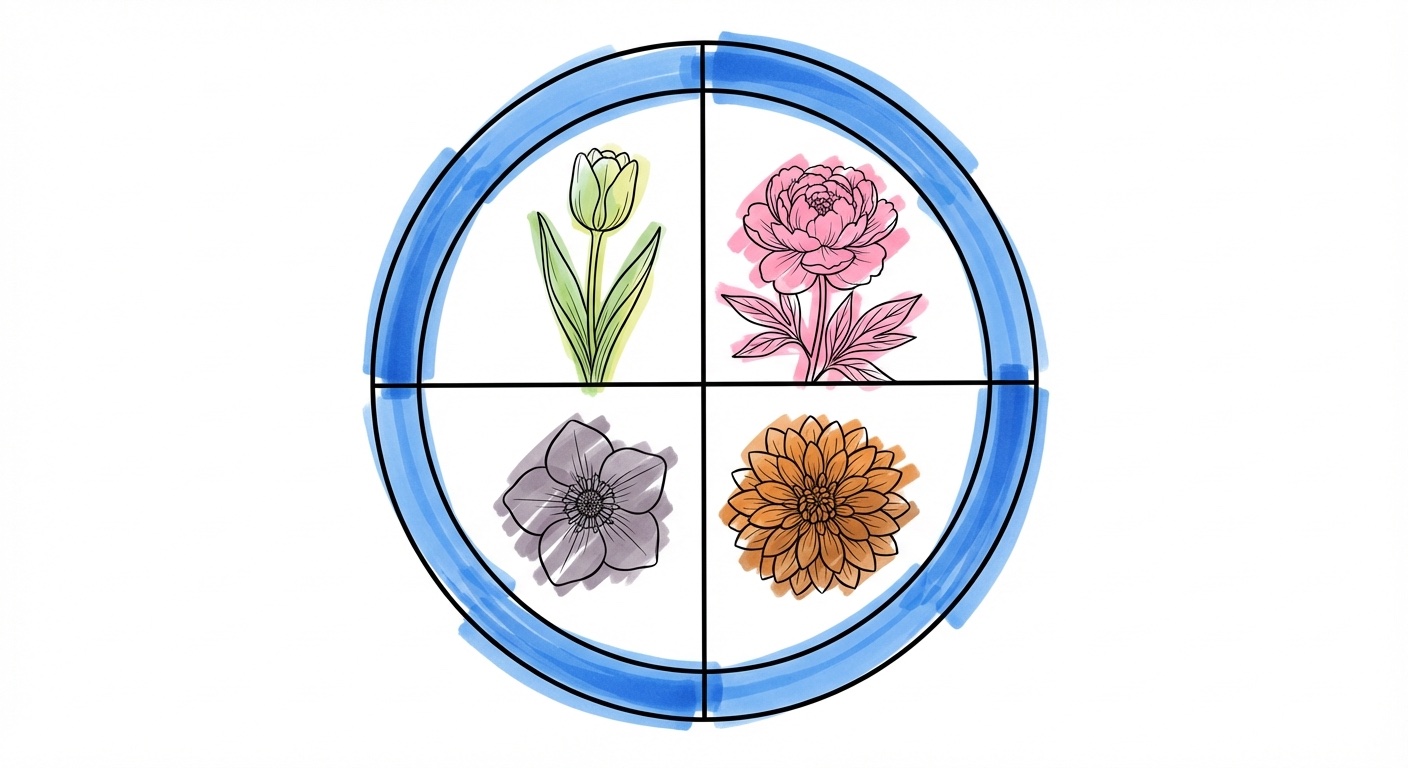 Årstidsöversikt med olika blommor för vår, sommar, höst och vinter