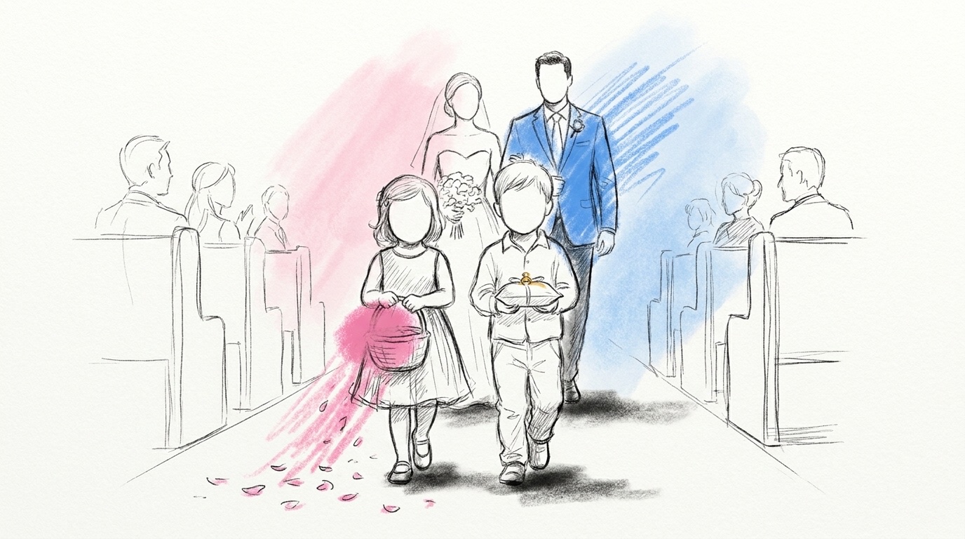 Två barn går först i en kyrkgång, ett strör kronblad ur en korg och ett bär en ringkudde, ritat i Lovios rosa och blå skissstil