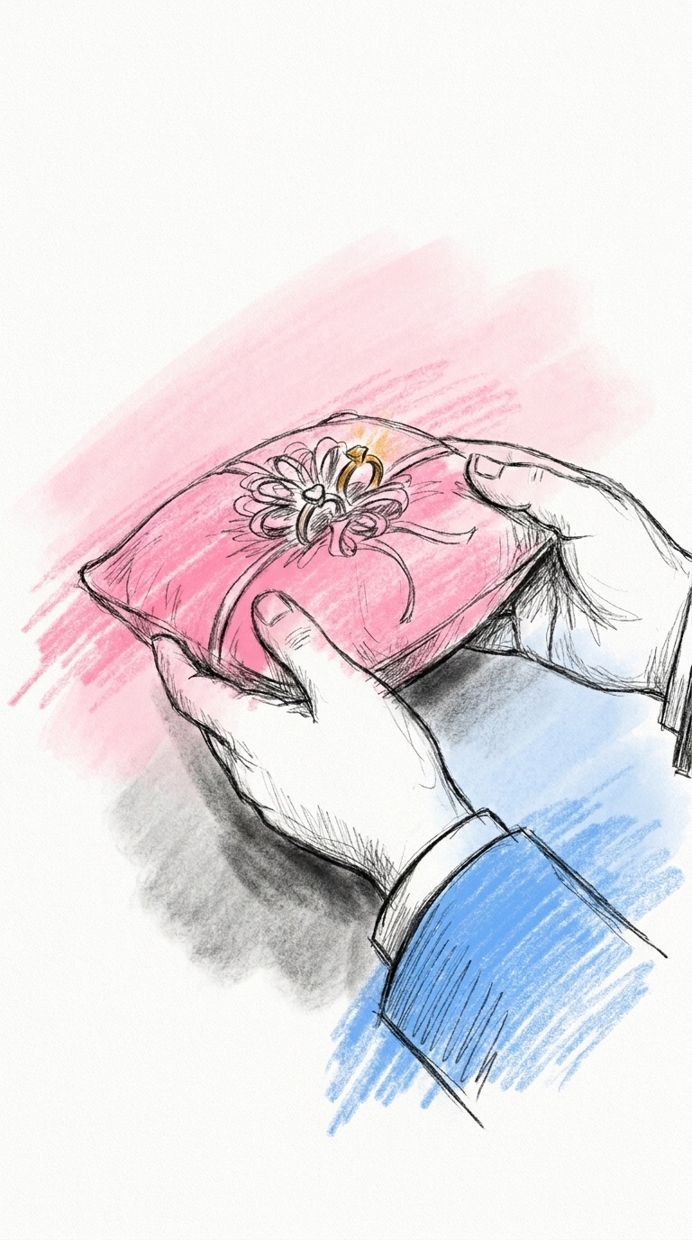 Ett barns händer håller en liten ringkudde med ett band och två ringar, ritat i Lovios rosa och blå skissstil