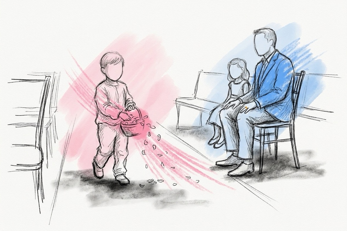 Ett barn strör kronblad i mittgången medan ett annat redan sitter i första raden bredvid en vuxen, ritat i Lovios rosa och blå skissstil
