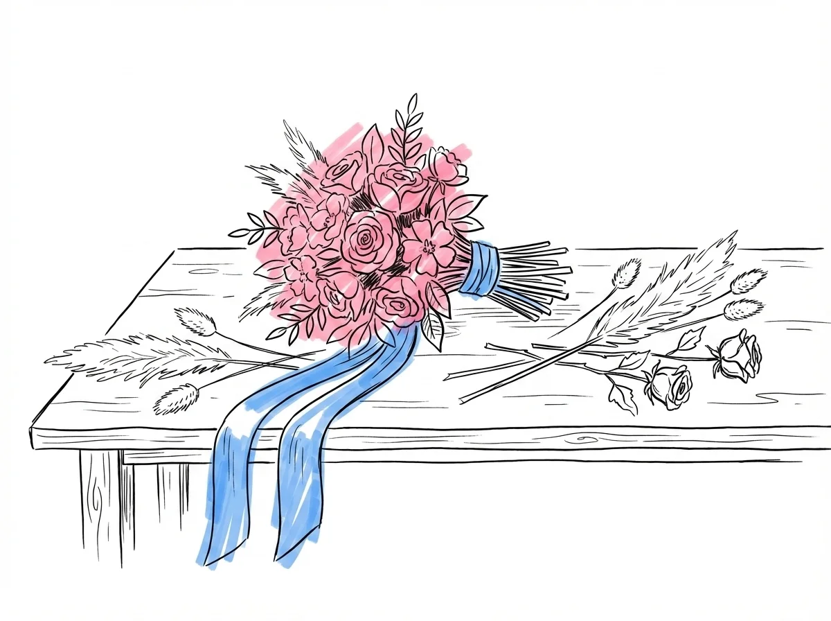 Rund och rufsig boho-brudbukett med hängande band bredvid pampas, lagurus och torkade rosor på träbord