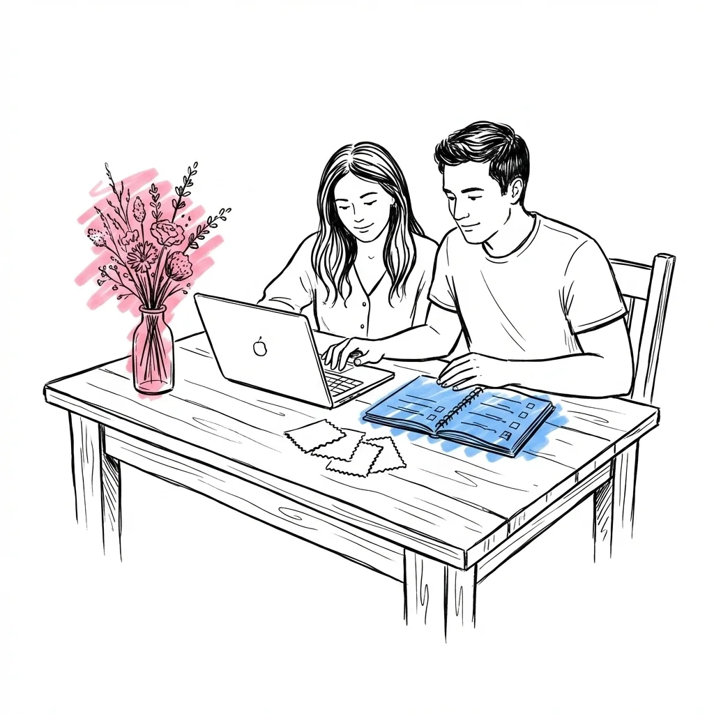 Par vid bord med öppen laptop och checklista, linnetyger och torkade blommor runtom — lugnt planerande tillsammans