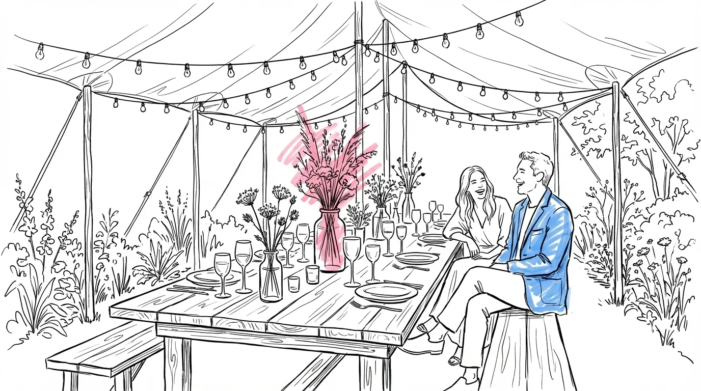 Långbord under sailcloth-tält i trädgård med hängande ljusslingor, torkade blommor i vaser och gäster i linnekläder