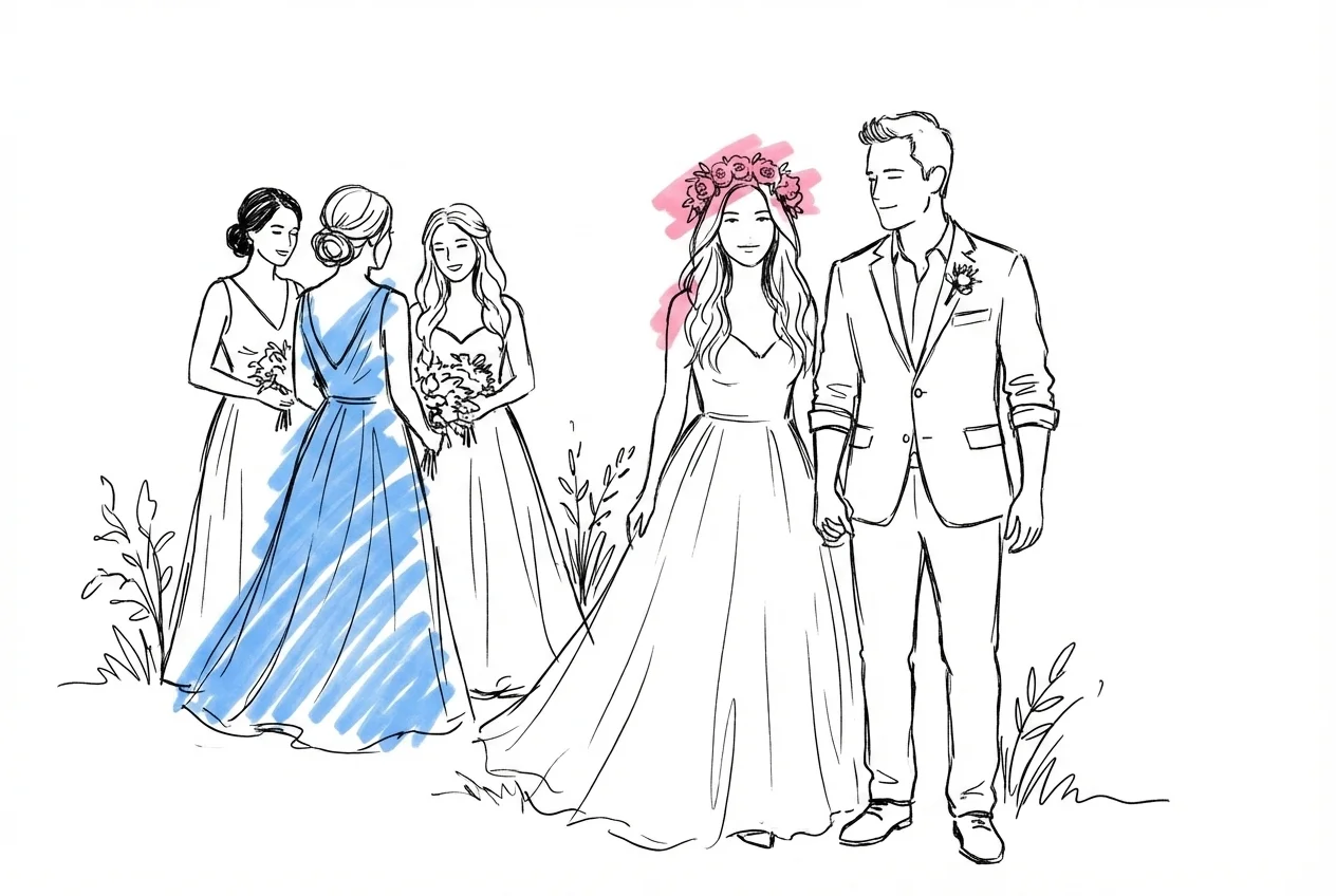 Brud i flowy klänning med blomsterkrans bredvid brudgum i linnekostym med uppvikta ärmar, brudtärnor i mismatched klänningar bakom