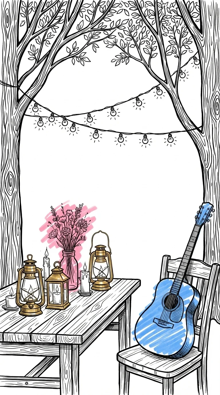 Ljusslingor spända mellan träd ovanför utomhusbord i skymning, mässingslyktor och ljus på bordet, en gitarr lutad mot en stol