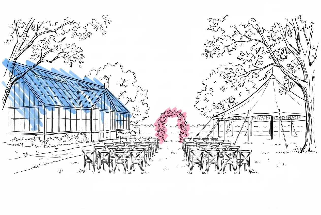 Utomhusscen med glasorangeri på ena sidan och sailcloth-tält i trädgård på andra, ceremonistolar i mitten och träd runtom
