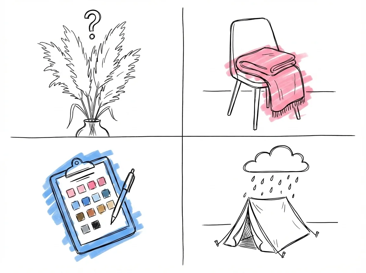 Grid med vignetter av boho-fällor — överdimensionerat pampasarrangemang, filt på stol, färgpalett-clipboard och regnmoln över tält