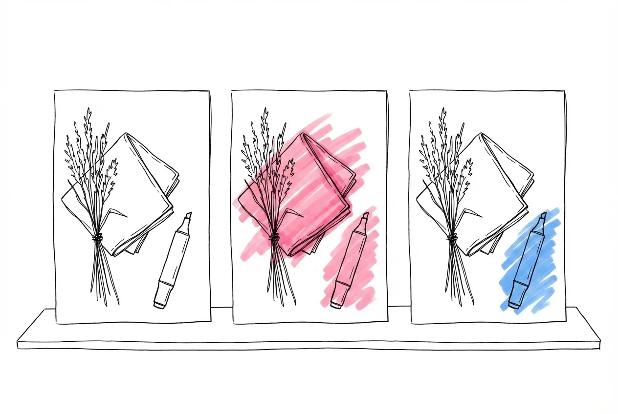 Moodboard med tre palettkort sida vid sida — torkat gräs, vikta servetter och markörstubbar