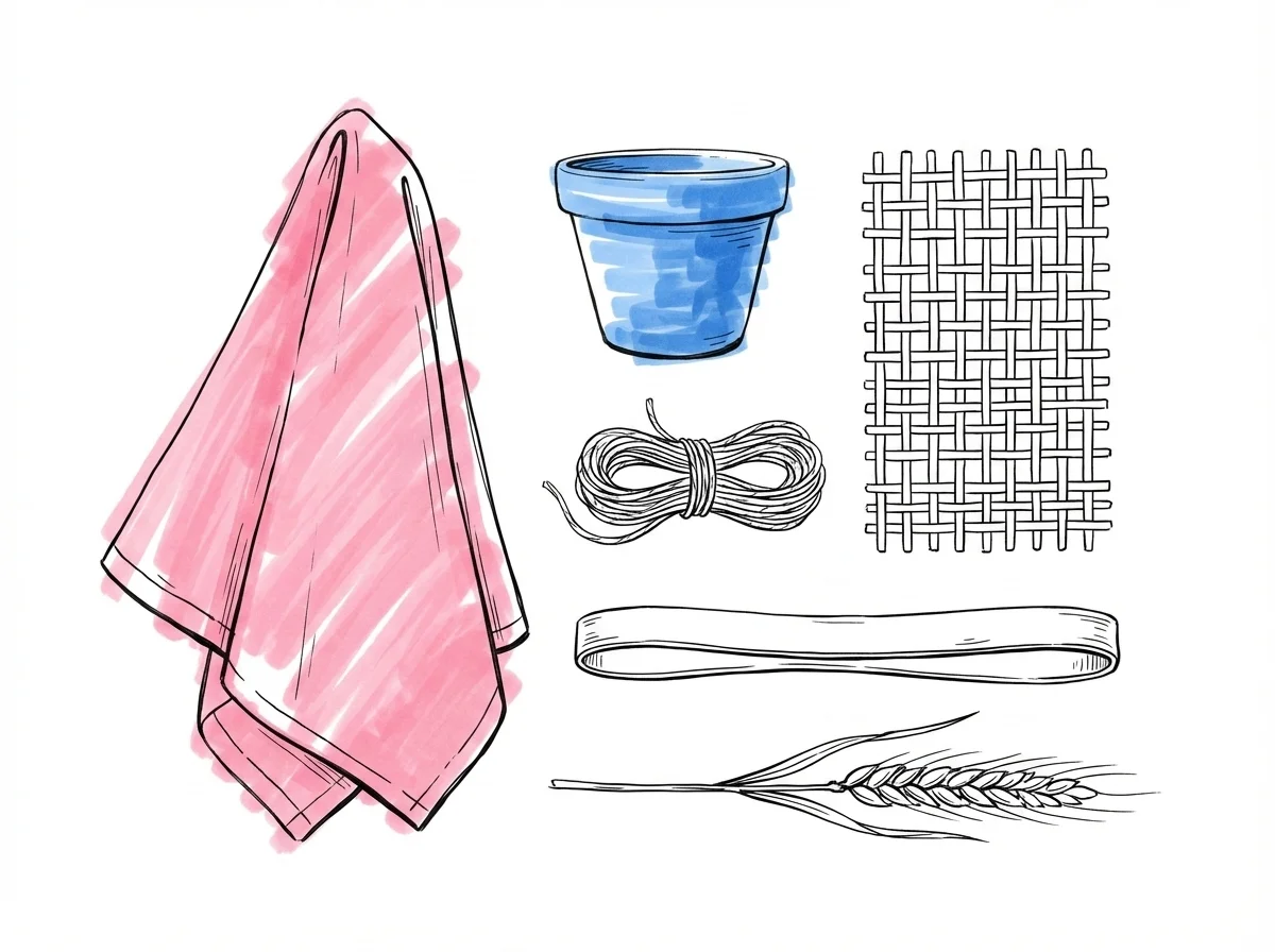 Flat lay av boho-material: linneservett, jutesnöre, rotting, lerkruka, läderrem och torkat vete