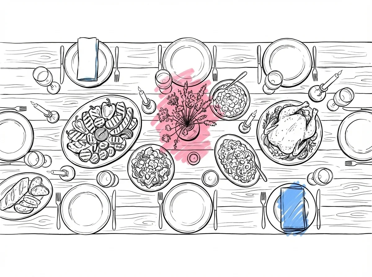 Långbord sett ovanifrån med stora fat av grillade grönsaker, bröd, sallader och rostad kyckling bland mismatched tallrikar och ljus