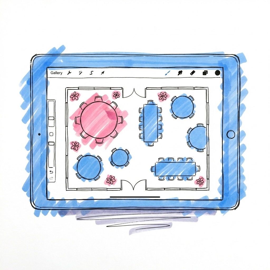 En surfplatta som visar en uppifrånvy av ett rum med bord arrangerade i en planvy, med en blomikon vid ett av borden, i Lovios rosa och blå illustrationsstil