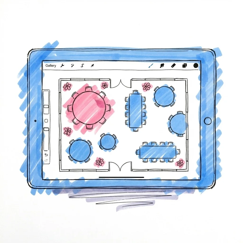 En surfplatta som visar en uppifrånvy av ett rum med bord arrangerade i en planvy, med en blomikon vid ett av borden, i Lovios rosa och blå illustrationsstil