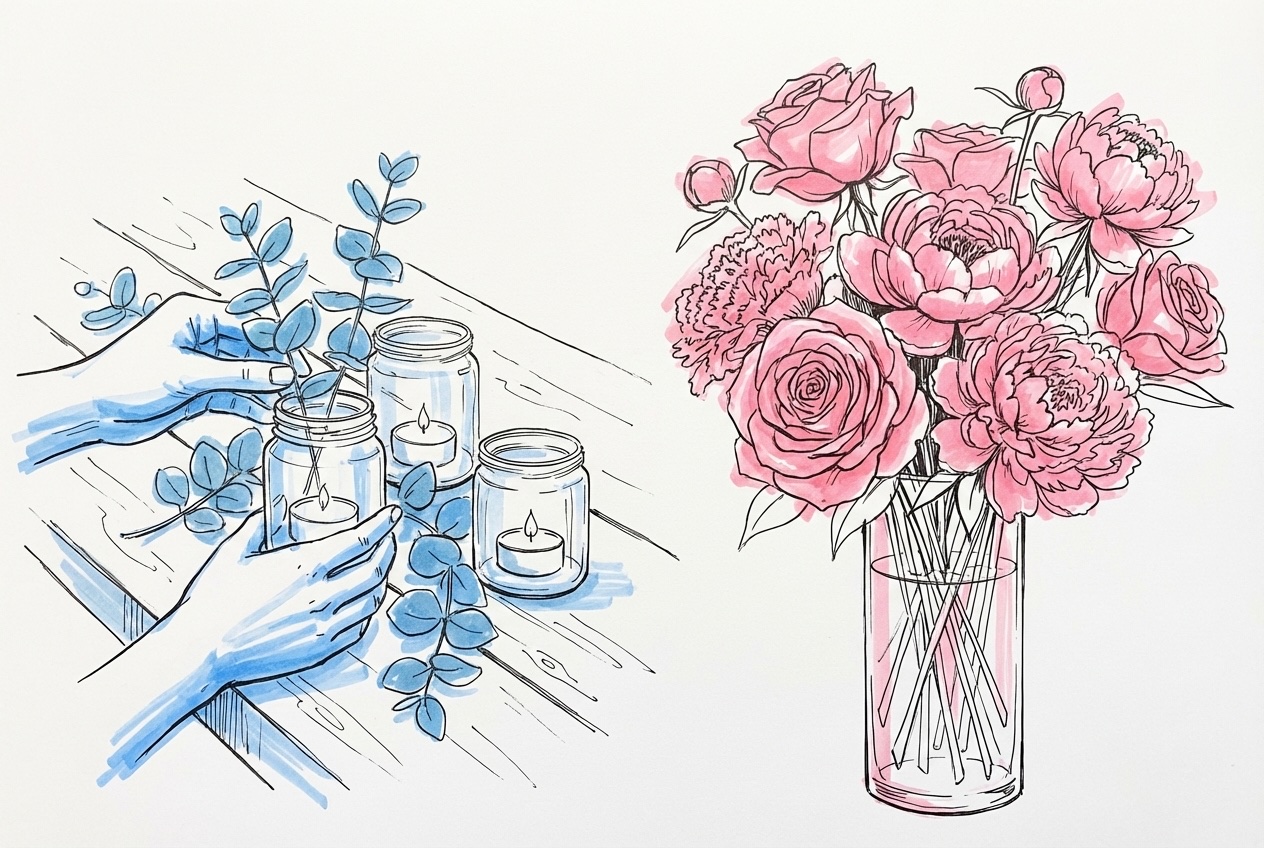 En delad scen: till vänster händer som arrangerar enkelt grönt och ljus i burkar (DIY), till höger ett elaborerat professionellt blomsterarrangemang med varierade blommor och texturer, i Lovios rosa och blå illustrationsstil