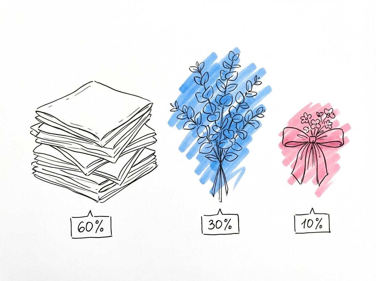 Tre grupper av dekorativa element som visar proportioner: ett stort område med vita/neutrala linnedukar (60 %), ett mellanstort område med grönt (30 %), och små accentdetaljer som band och blommor (10 %), i Lovios rosa och blå illustrationsstil