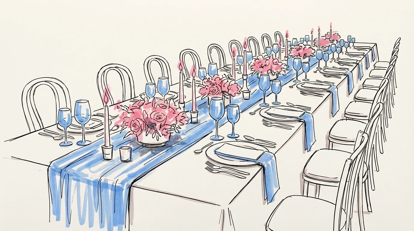 Bordsdekoration bröllop: långt bröllopsbord sett från en vinkel med levande ljus, låga blomsterarrangemang och dukning som sträcker sig in i fjärran, i Lovios rosa och blå illustrationsstil