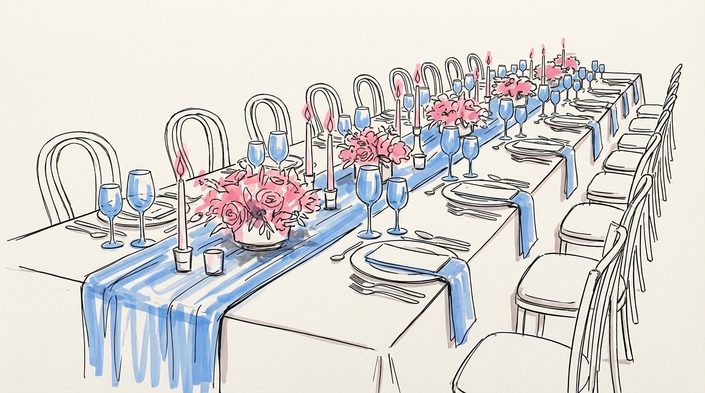 Bordsdekoration bröllop: långt bröllopsbord sett från en vinkel med levande ljus, låga blomsterarrangemang och dukning som sträcker sig in i fjärran, i Lovios rosa och blå illustrationsstil