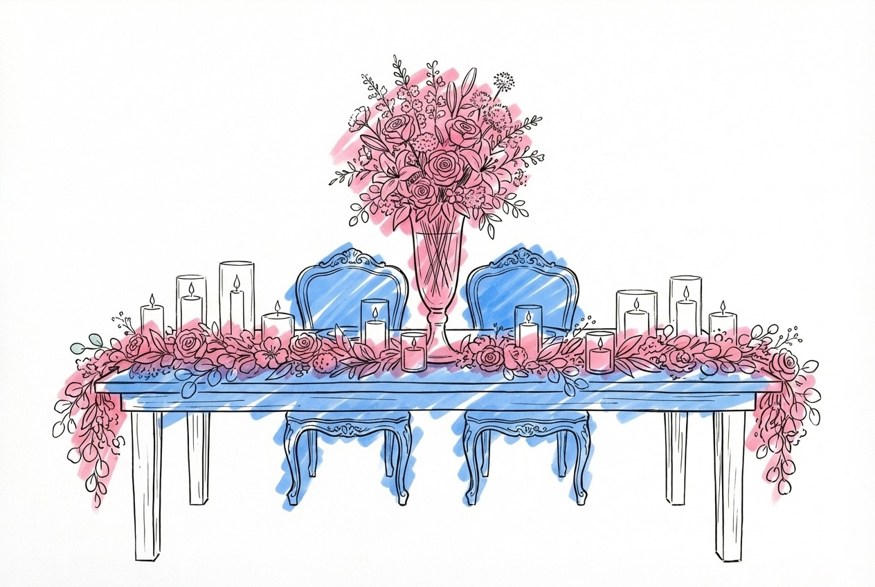 Honnörsbord med ett elaborerat centerpiece, fler ljus, en blomstergirlang längs framkanten och två stolar i mitten för brudparet, i Lovios rosa och blå illustrationsstil