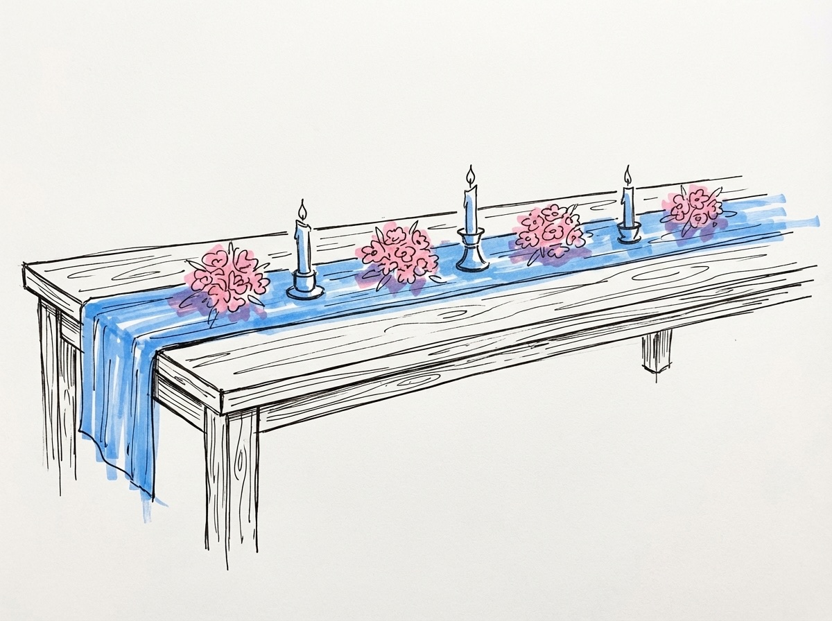 Långbord från sidan med en sammanhängande löpare med små blomsterklusters och ljus jämnt fördelade längs hela bordets mitt, i Lovios rosa och blå illustrationsstil