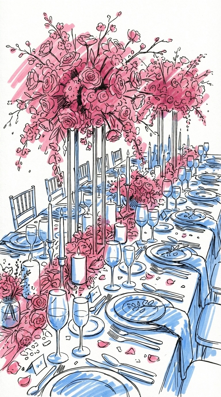 Ett överfyllt bord med för många dekorationer — höga blommor som blockerar sikten, ljus för nära kuvert och ett rörigt, kaotiskt upplägg, i Lovios rosa och blå illustrationsstil