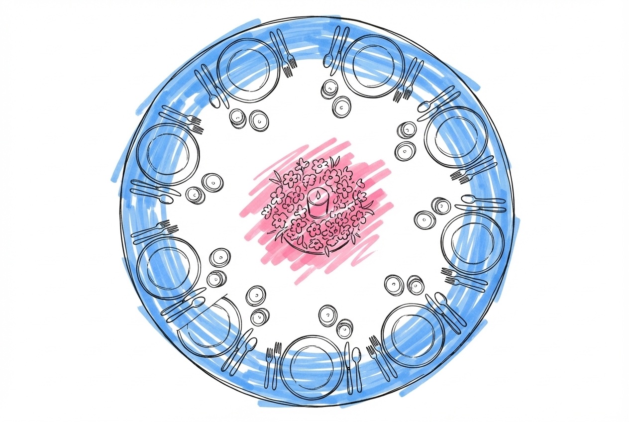 Uppifrånvy av ett runt bord med 8 kuvert och ett lågt, kompakt centerpiece i mitten som håller sikten fri för gästerna, i Lovios rosa och blå illustrationsstil