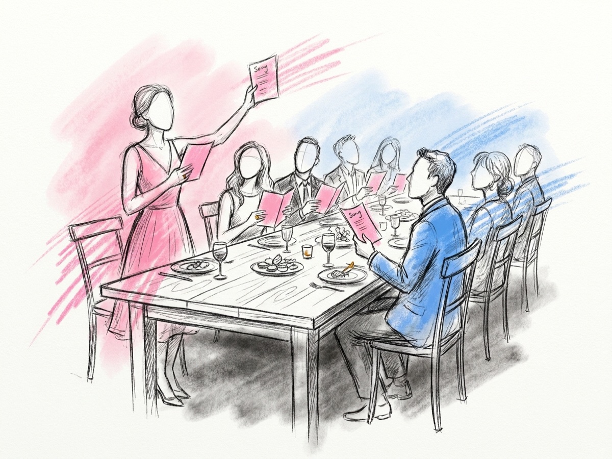 Gäster sittande vid ett långt bord som sjunger från små sånglappar, medan en kvinna i rosa klänning står och leder med en lapp uppsträckt i luften, utan scen, ritat i Lovios rosa och blå skissstil