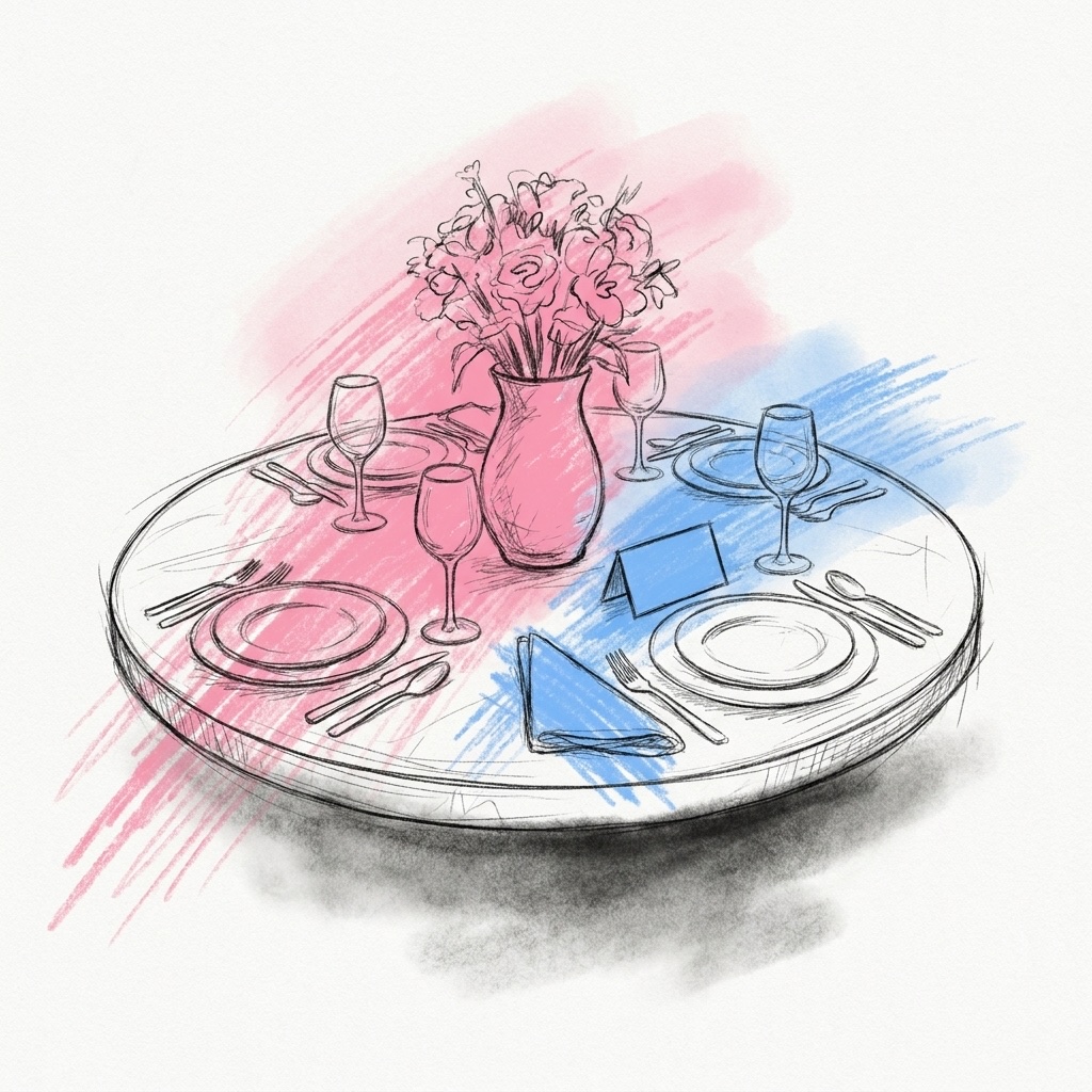 Ett runt bord dukat för middag med ett stående namnkort, en vas med blommor och vinglas, sett uppifrån, i Lovios rosa och blå illustrationsstil