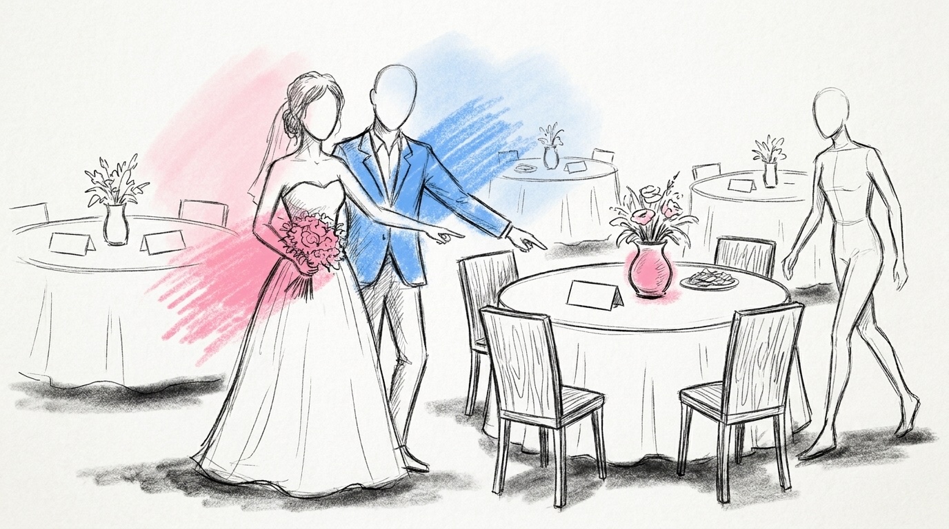 Bordsnamn bröllop: festligt dukad middagssal med runda bord, namnskyltar och blomvaser, där ett par visar en gäst till rätt bord, i Lovios rosa och blå illustrationsstil