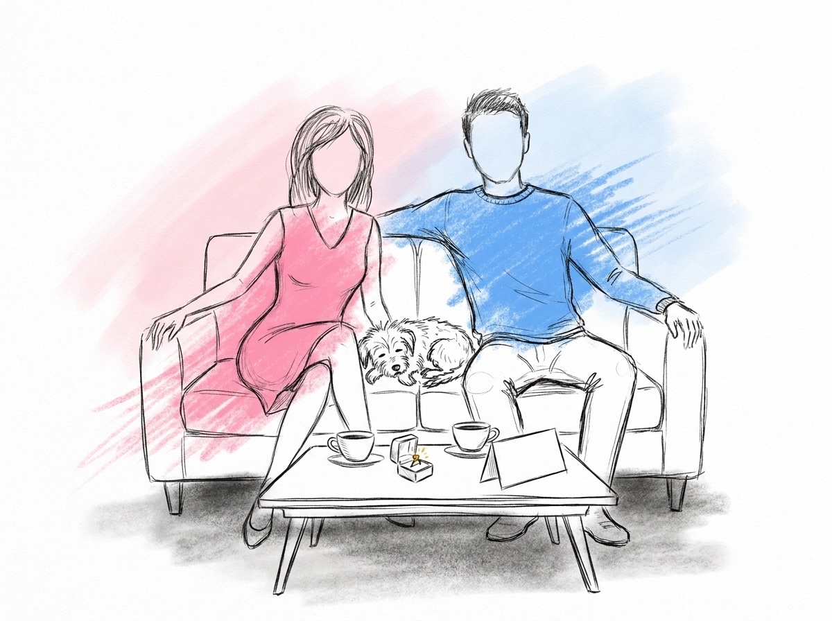 Ett par som sitter nära varandra i en soffa med en liten hund, en kaffekopp och en ringask på bordet, med ett litet bordskort lutat mot kopparna, i Lovios rosa och blå illustrationsstil