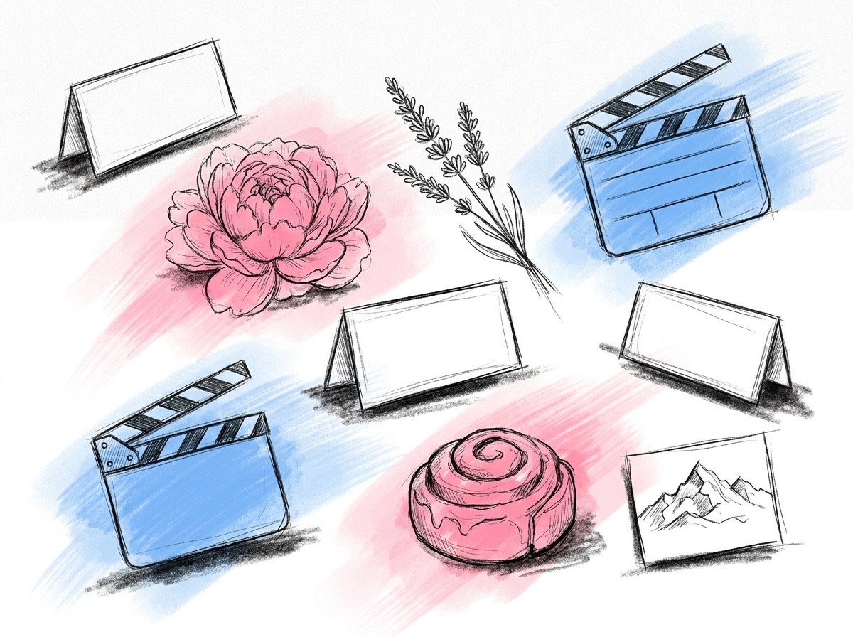 Ett knippe tomma bordsskyltar tillsammans med en pion, en lavendelkvist, en filmklappa, en kanelbulle och en liten bergsskiss, i Lovios rosa och blå illustrationsstil
