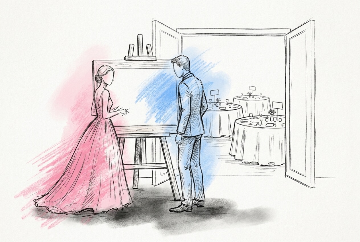 Ett staffli med en bordsplaceringskarta vid lokalens entré, gäster som studerar den och bord med namnskyltar i rummet bakom, i Lovios rosa och blå illustrationsstil