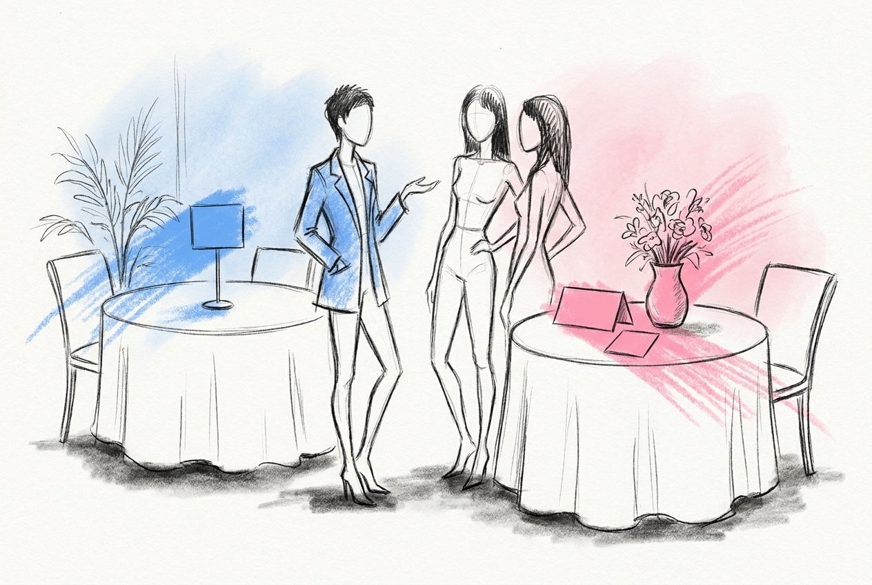 Två bordsuppställningar bredvid varandra, en med en enkel nummerskylt och en med ett stort namnkort och en liten siffra under, med gäster som pratar emellan, i Lovios rosa och blå illustrationsstil