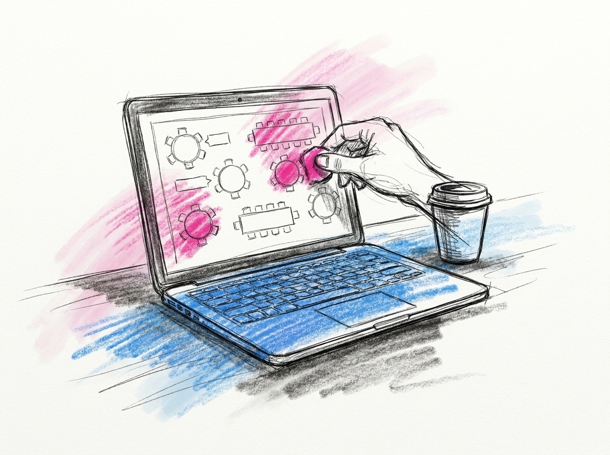 En laptop på ett skrivbord som visar en ritning med runda bord och långbord, en hand som drar en gäst till ett bord och en kaffekopp bredvid, i Lovios rosa och blå illustrationsstil