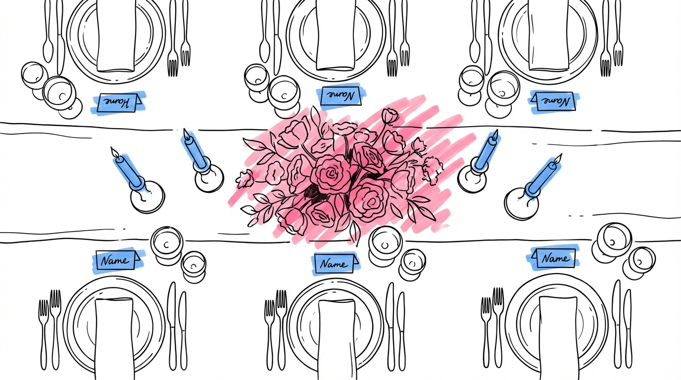 Bordsplacering bröllop — vackert dukat bord med blommor och placeringskort