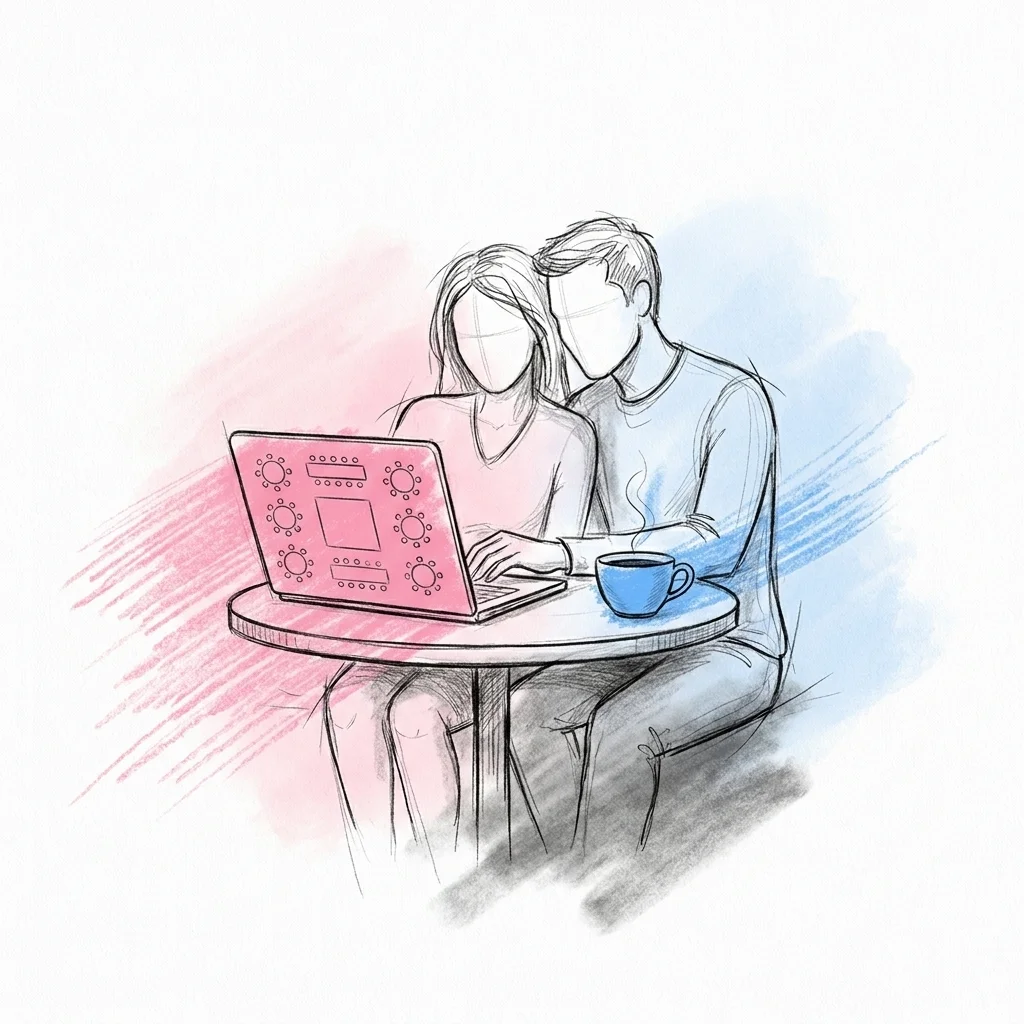 Brudpar som sitter tillsammans vid en laptop med en färdig bordsplaceringskarta på skärmen, runda och långa bord märkta och ett dansgolv i mitten, en kaffekopp bredvid datorn i Lovios rosa och blå illustrationsstil