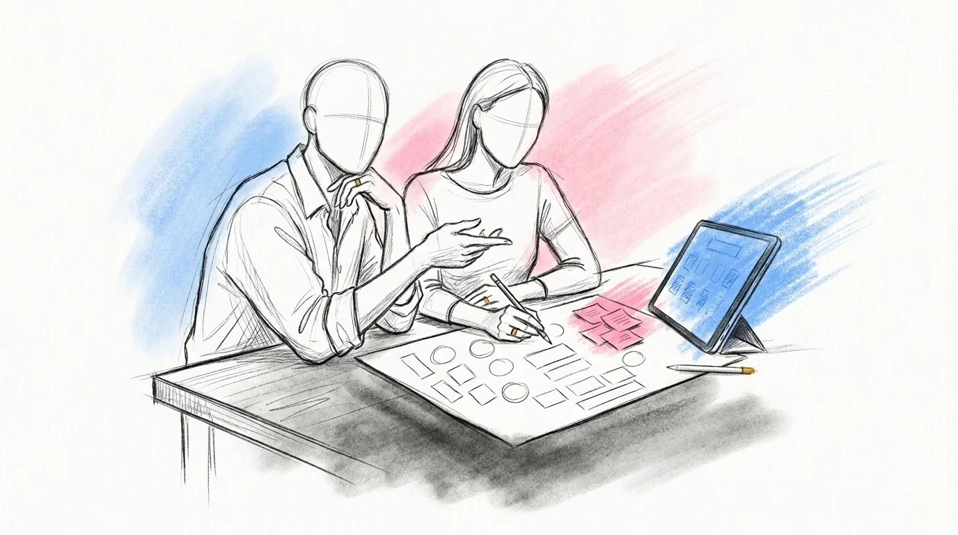 Brudpar ovanifrån som lutar sig över en uppritad bordsplaceringskarta med runda och rektangulära bordsformer och färgmarkeringar i Lovios rosa och blå illustrationsstil
