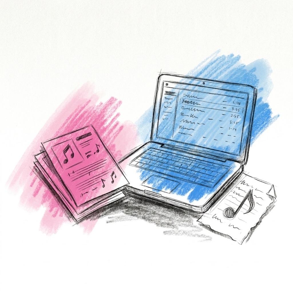 Öppen bärbar dator som visar ett enkelt dokument med en lista över sånger och tider, bredvid en hög utskrivna sånglappar och en handskriven lapp med en not, i Lovios rosa och blå illustrationsstil