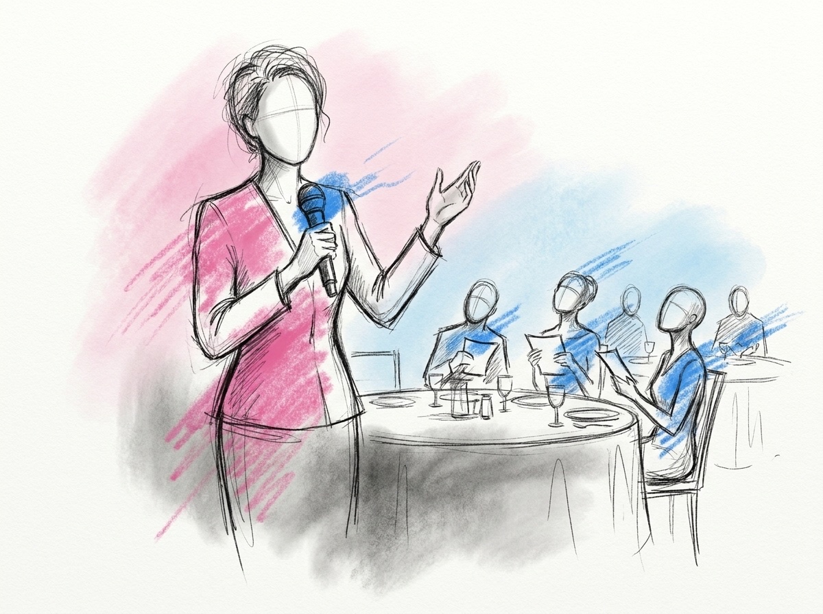 En toastmaster som står vid bordet med mikrofon och en hand lyft för att ge startnoten, med gäster som tittar upp med sånglappar redo, i Lovios rosa och blå illustrationsstil