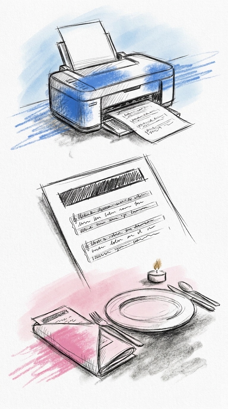 Lodrät komposition med en skrivare som matar ut ett sångblad överst, en närbild av ett blad med stor titel och några rader text i mitten och ett placeringskort längst ned med bladet instoppat under en vikt servett bredvid ett ljus, i Lovios rosa och blå illustrationsstil