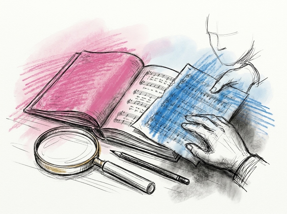 En gammal sliten sångbok uppslagen på ett bord bredvid ett förstoringsglas och en penna, med ett löst utskrivet blad som jämförs mot boken, i Lovios rosa och blå illustrationsstil