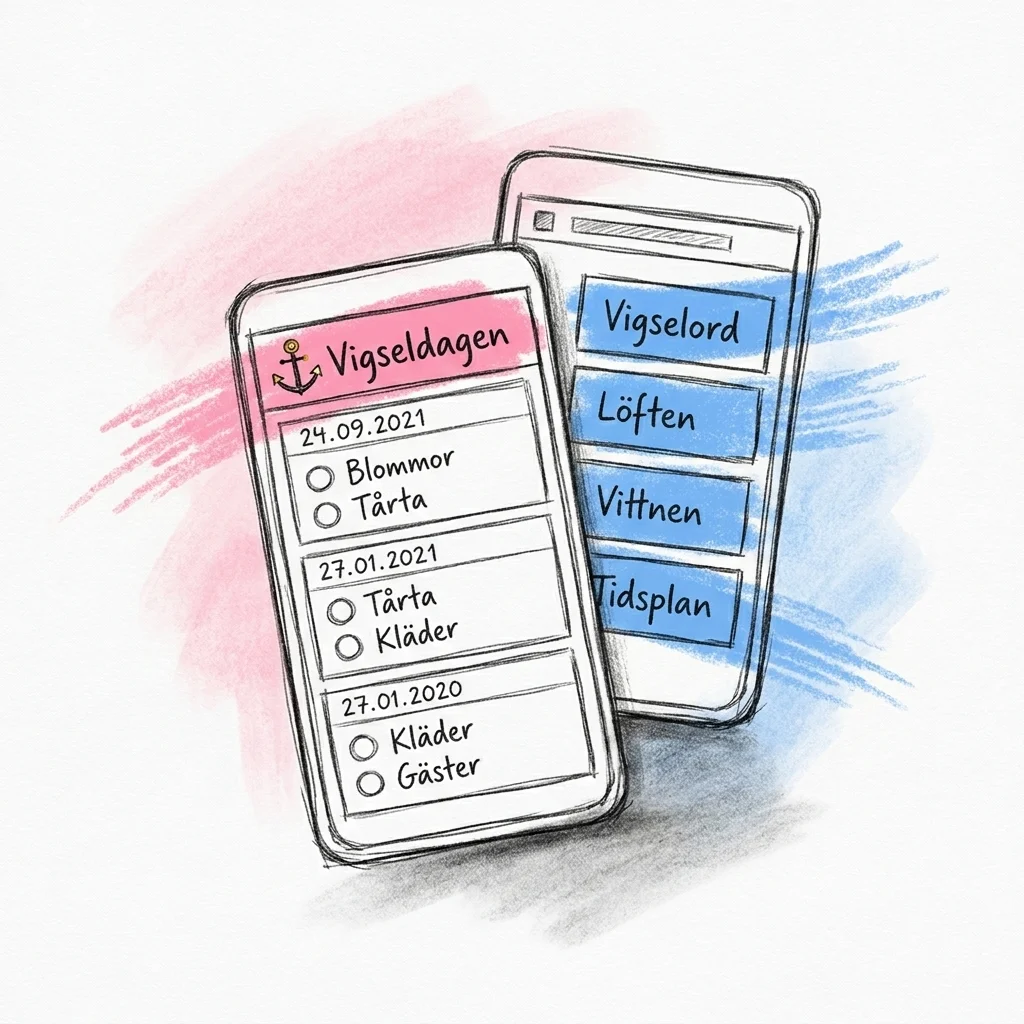 Planeringsvy med 'Vigseldagen' som ankarrad och dokumentvy med block för Vigselord, Löften, Vittnen och Tidsplan — i Lovios rosa och blå illustrationsstil