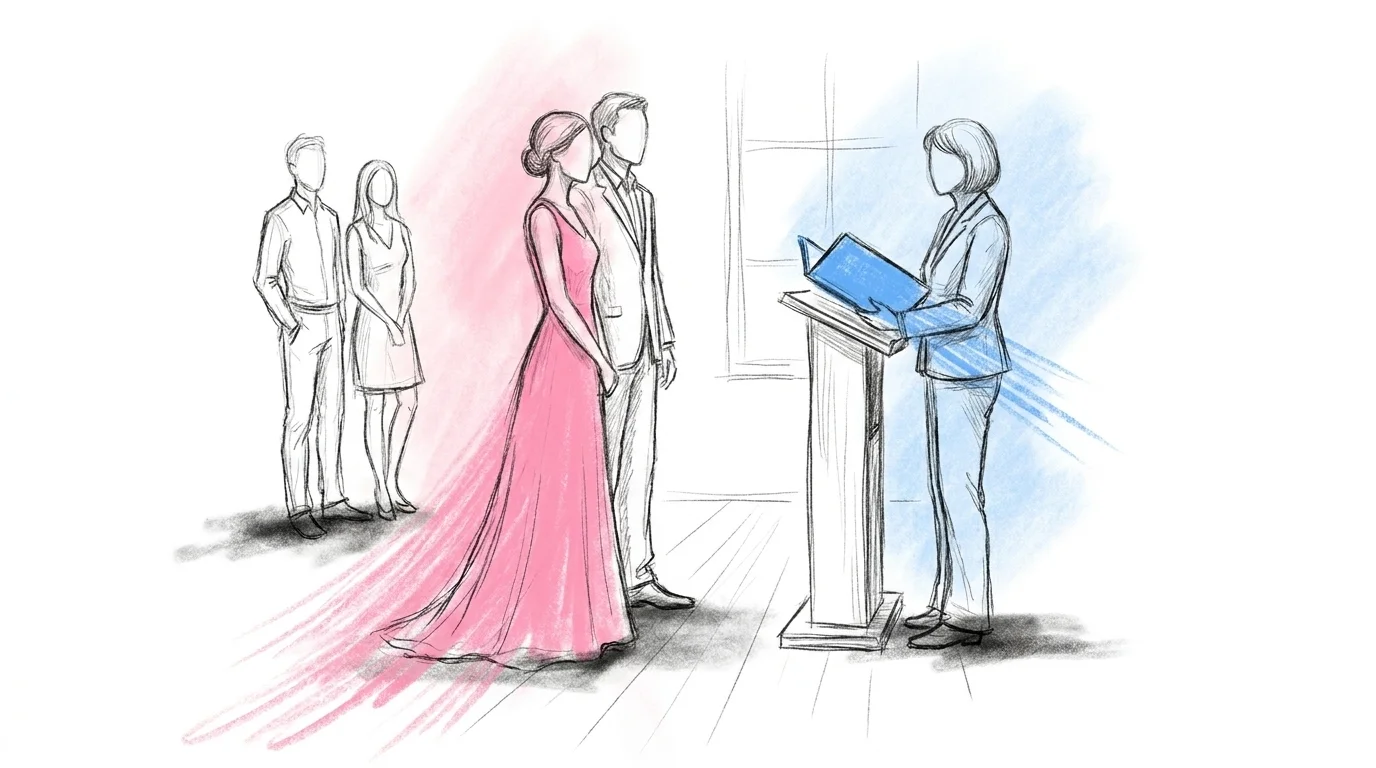 Borgerlig vigsel program: brudpar och vigselförrättare framför signeringsbord, två vittnen vid sidan — stillsam stadshus-scen i Lovios rosa och blå illustrationsstil