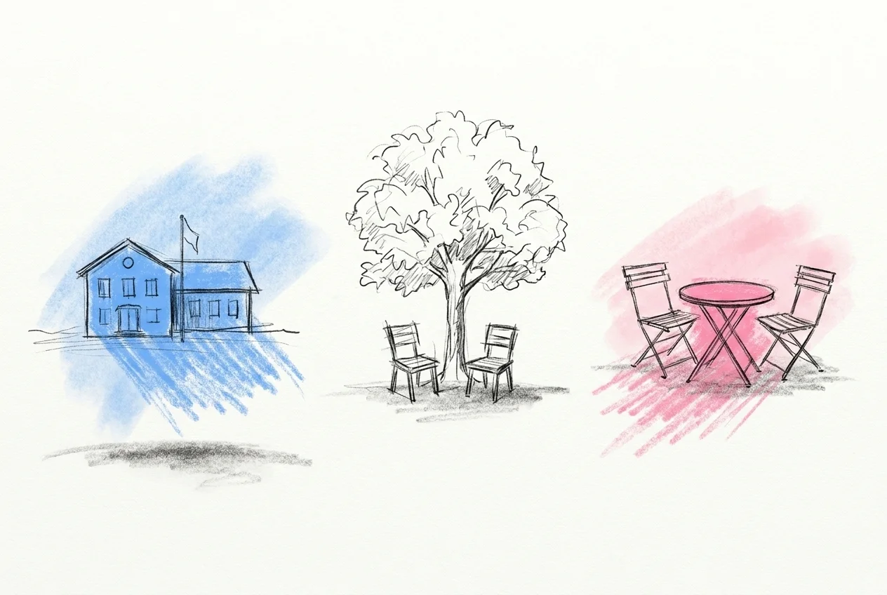 Tre miniscener sida vid sida: stadshus-fasad, träd i park, en trädgård med stolar — i Lovios rosa och blå illustrationsstil