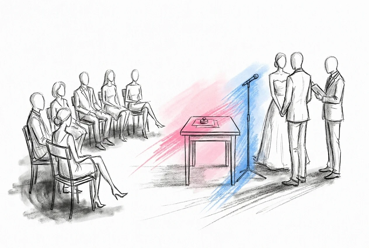 Utomhusvigsel-uppställning med gäster i halvcirkel, en mikrofonstativ, papper fasthållna av tyngd — i Lovios rosa och blå illustrationsstil