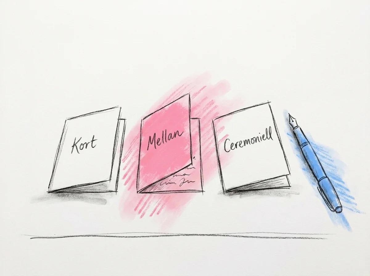 Tre vikta kort på ett bord märkta 'Kort', 'Mellan', 'Ceremoniell' — närbild med subtil kalligrafi i Lovios rosa och blå illustrationsstil