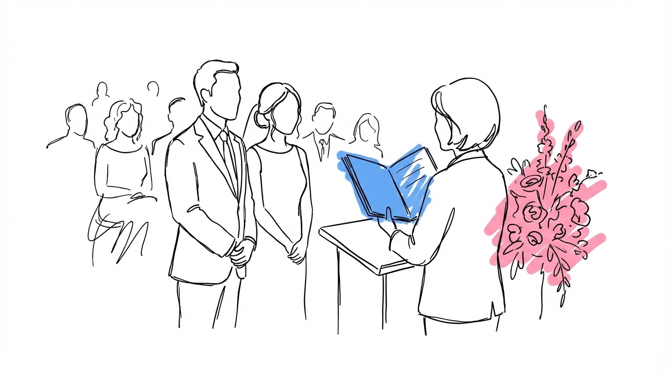 Borgerlig vigsel med par, vigselförrättare och gäster