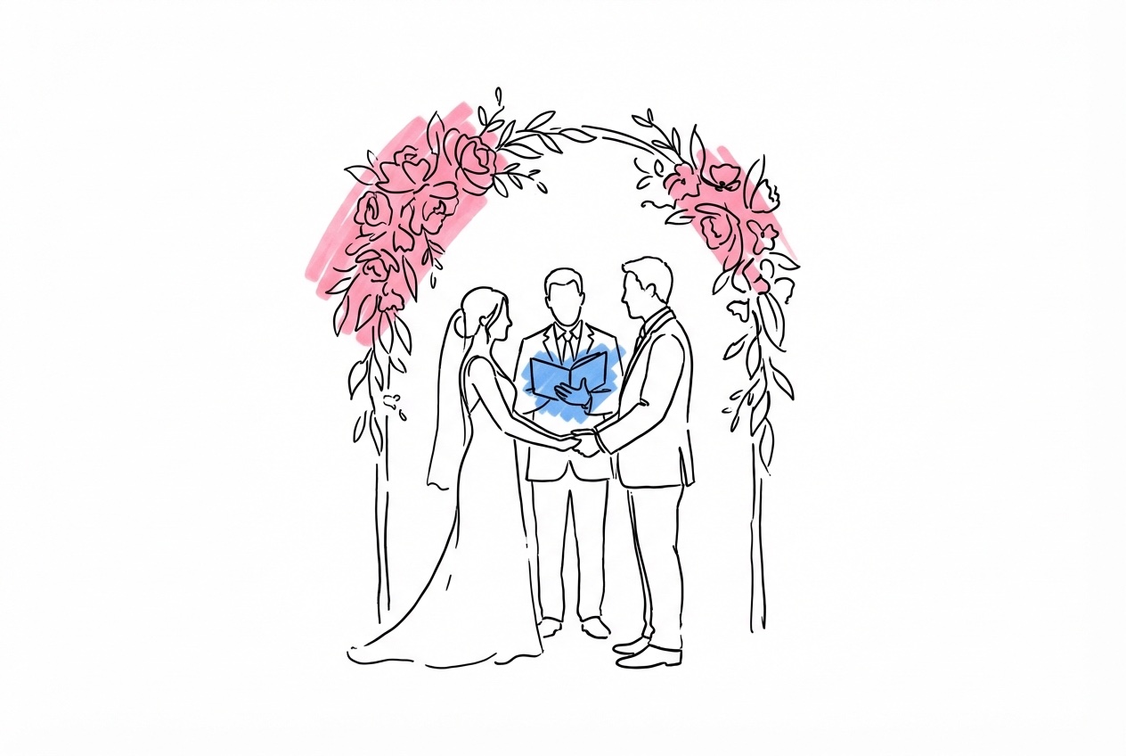 Borgerlig vigsel utomhus under blomsterbåge