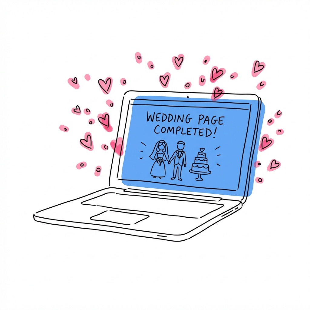 Laptop med färdig bröllopshemsida och hjärtan — kom igång med Lovio