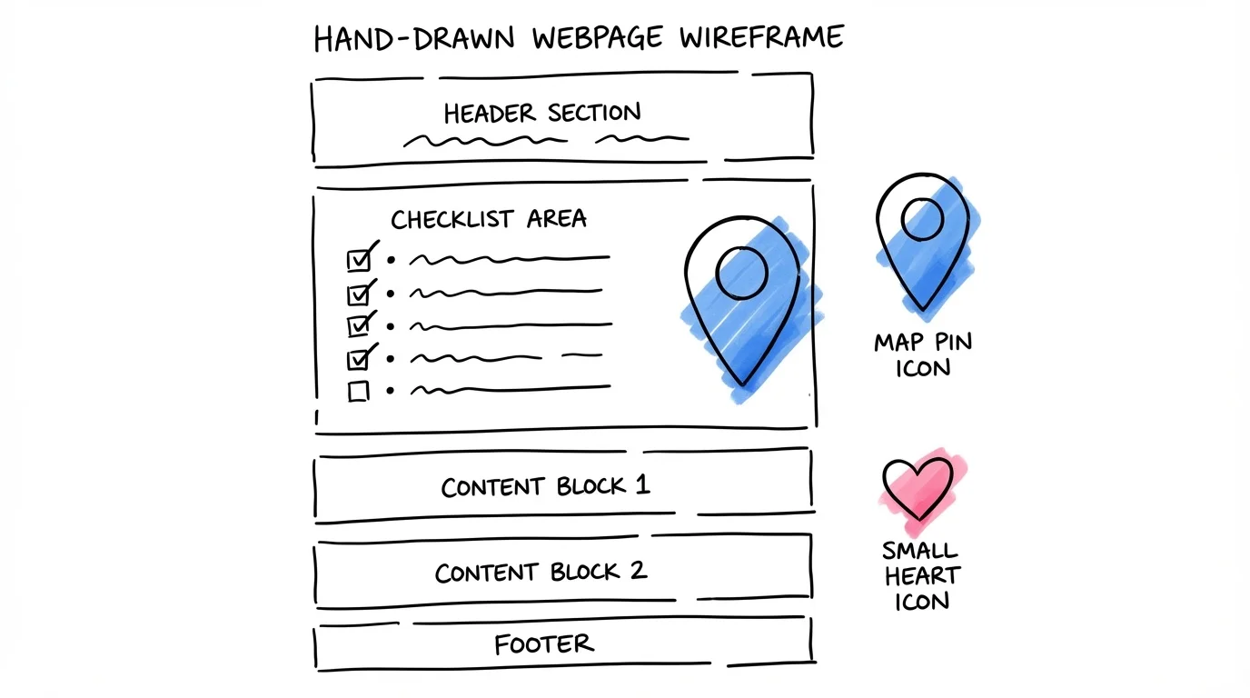 Wireframe av en bröllopshemsida med checklista, karta och hjärta — innehållsstruktur